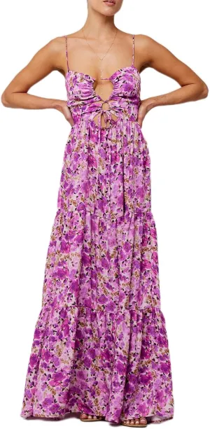 Summer Floral Sundress for Women Spaghetti Straps Hollow Out Tie Front Maxi Dress Flowy Smocked Bohemia Dress