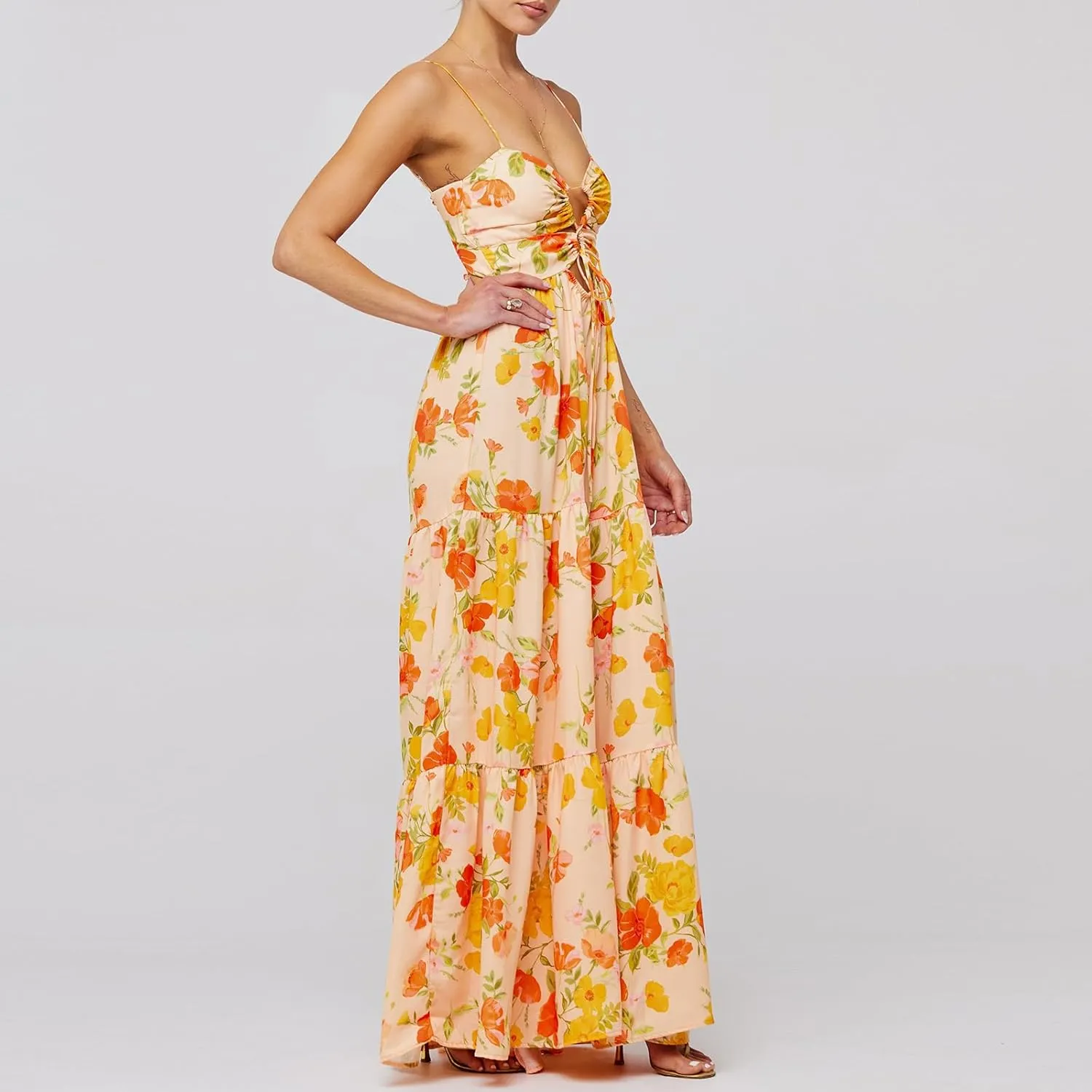 Summer Floral Sundress for Women Spaghetti Straps Hollow Out Tie Front Maxi Dress Flowy Smocked Bohemia Dress