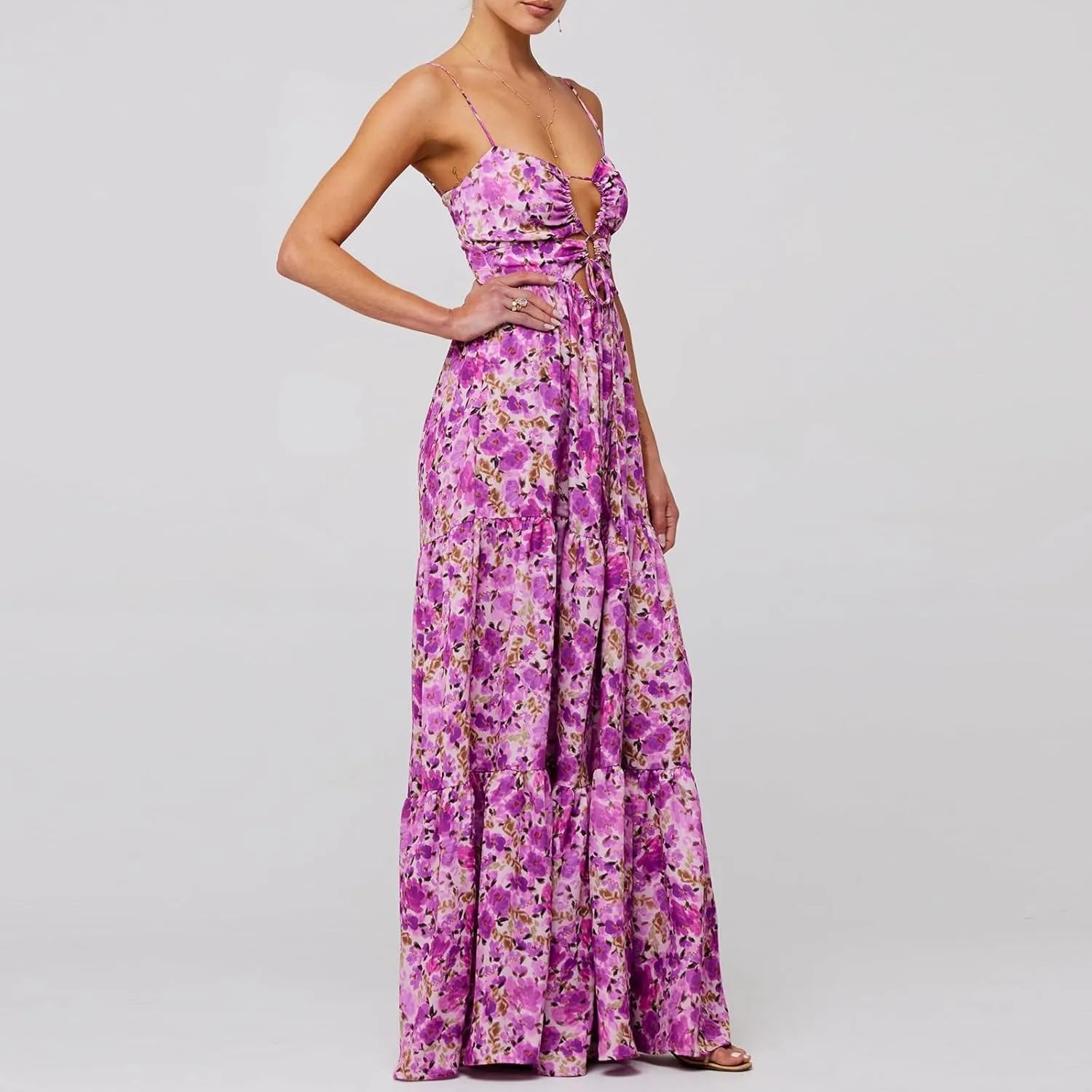 Summer Floral Sundress for Women Spaghetti Straps Hollow Out Tie Front Maxi Dress Flowy Smocked Bohemia Dress