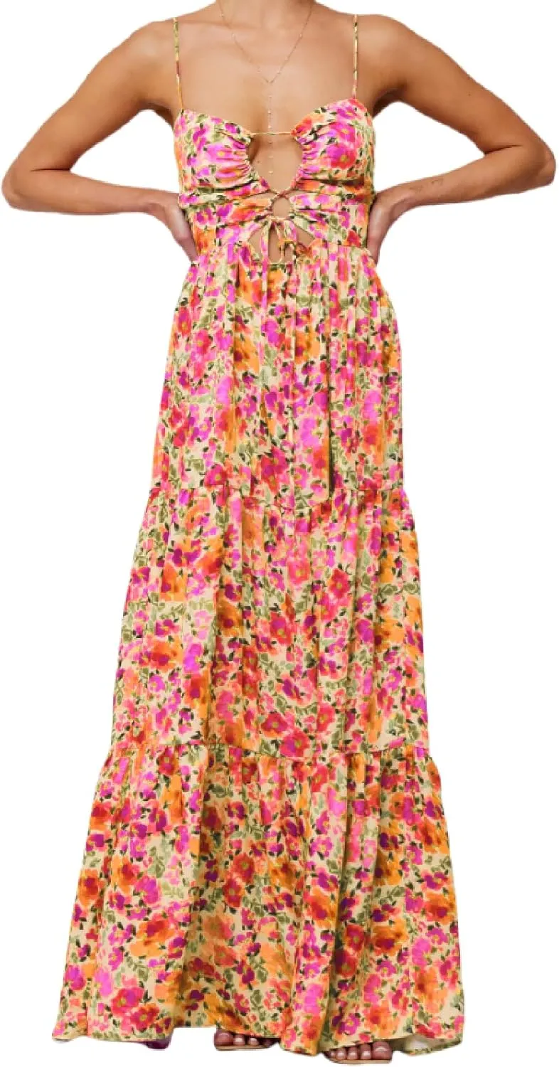 Summer Floral Sundress for Women Spaghetti Straps Hollow Out Tie Front Maxi Dress Flowy Smocked Bohemia Dress