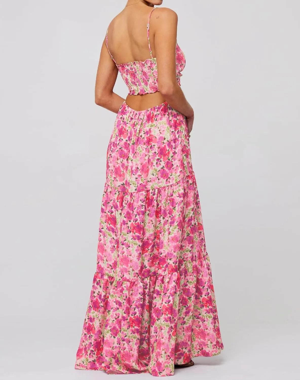 Summer Floral Sundress for Women Spaghetti Straps Hollow Out Tie Front Maxi Dress Flowy Smocked Bohemia Dress