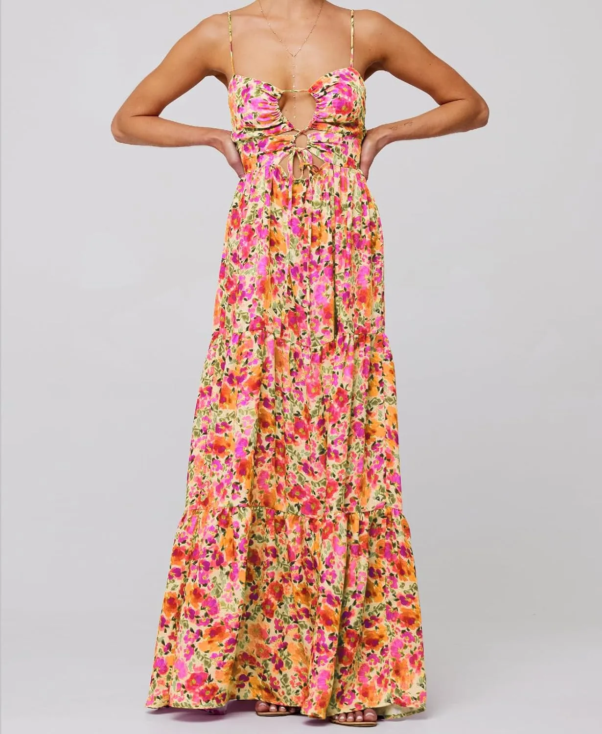 Summer Floral Sundress for Women Spaghetti Straps Hollow Out Tie Front Maxi Dress Flowy Smocked Bohemia Dress