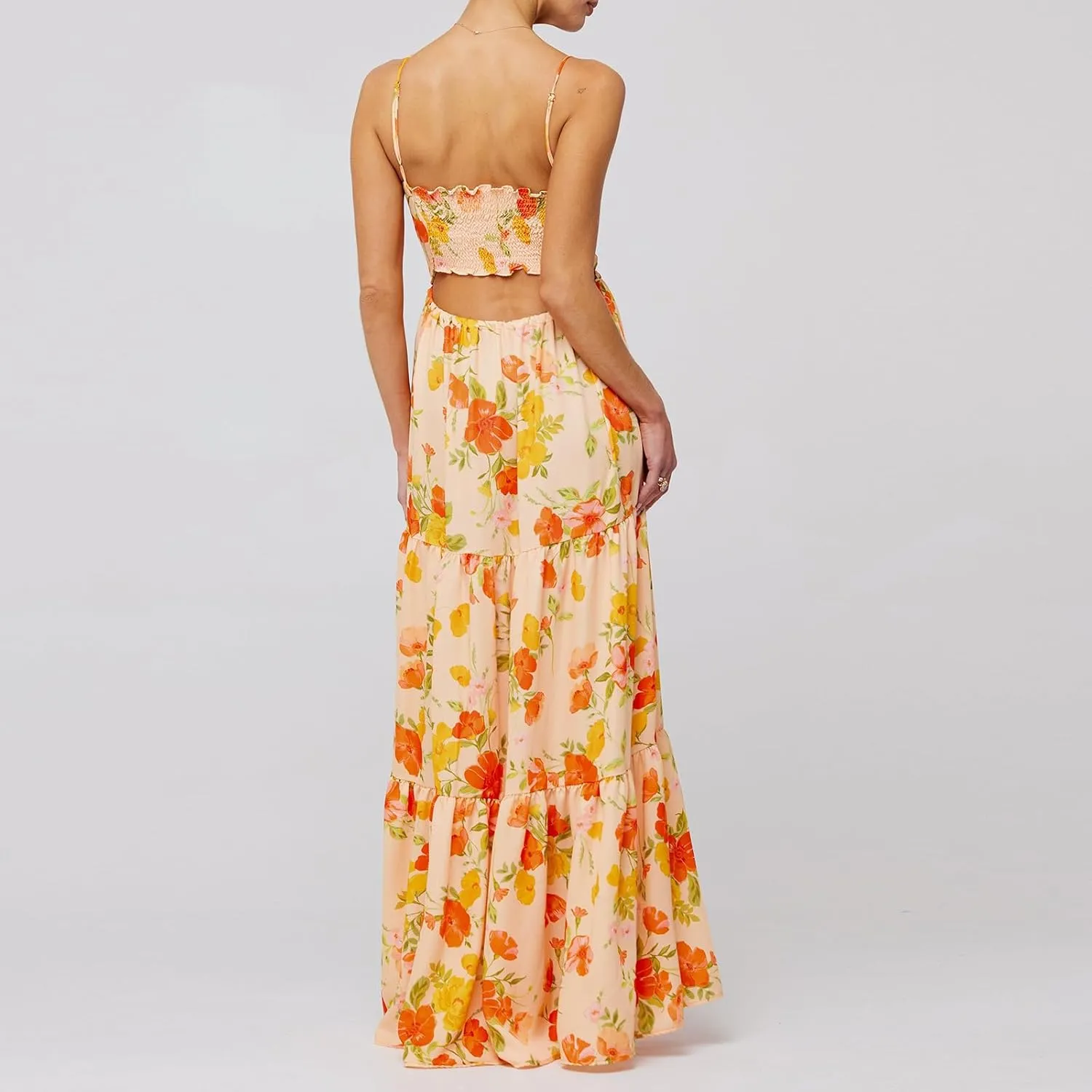 Summer Floral Sundress for Women Spaghetti Straps Hollow Out Tie Front Maxi Dress Flowy Smocked Bohemia Dress
