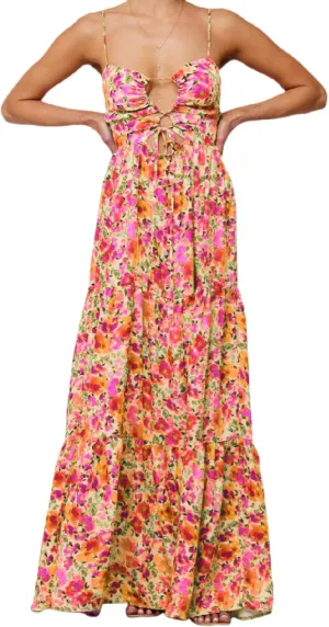 Summer Floral Sundress for Women Spaghetti Straps Hollow Out Tie Front Maxi Dress Flowy Smocked Bohemia Dress