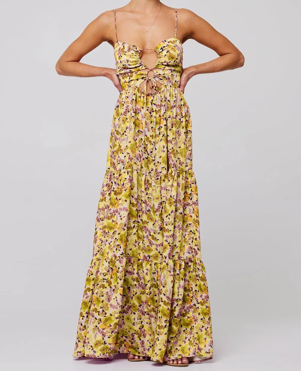 Summer Floral Sundress for Women Spaghetti Straps Hollow Out Tie Front Maxi Dress Flowy Smocked Bohemia Dress