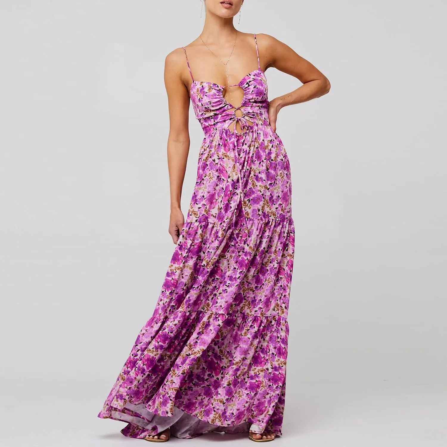 Summer Floral Sundress for Women Spaghetti Straps Hollow Out Tie Front Maxi Dress Flowy Smocked Bohemia Dress