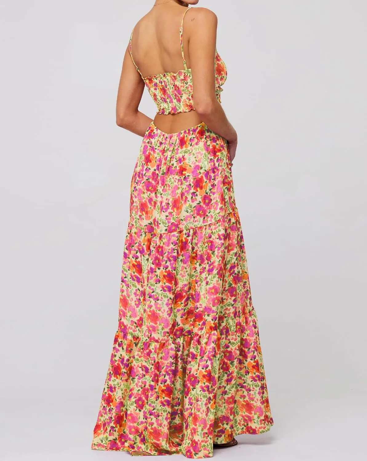 Summer Floral Sundress for Women Spaghetti Straps Hollow Out Tie Front Maxi Dress Flowy Smocked Bohemia Dress