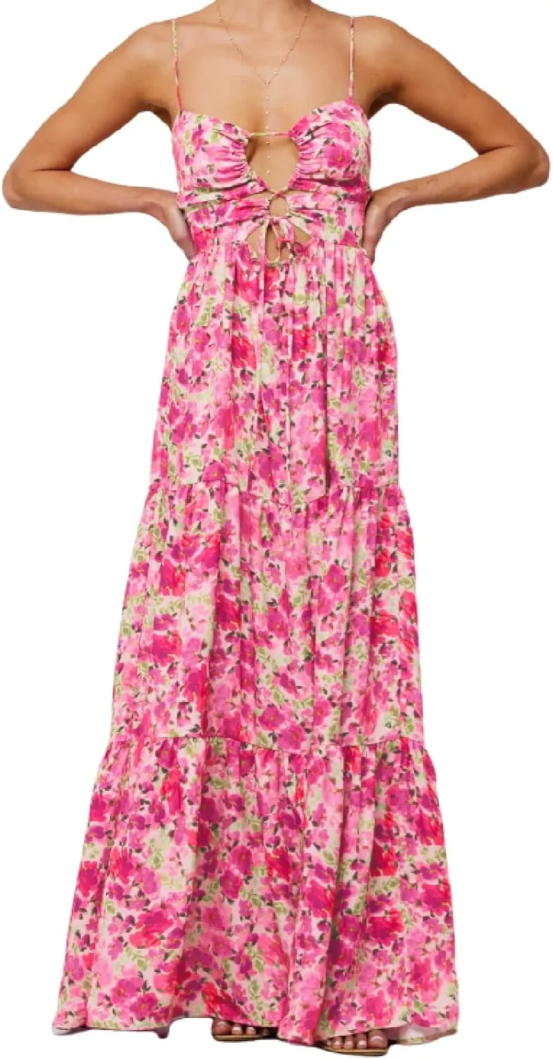 Summer Floral Sundress for Women Spaghetti Straps Hollow Out Tie Front Maxi Dress Flowy Smocked Bohemia Dress