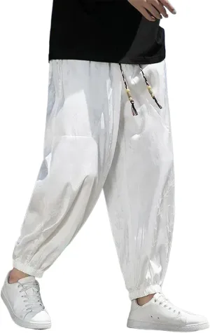 Summer Men's Ice Silk Harem Pants Chinese Tang Dynasty Vintage Jacquard Pants Loose Harem Leaf Print Hip Hop