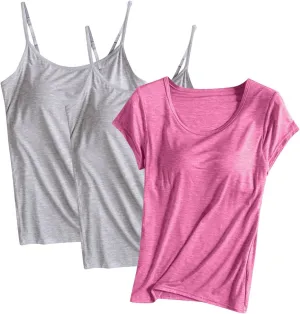 Summer Tank Tops for Women Built in Bra Cotton Shelf Bra Tanks Layering Undershirts 3 Pack