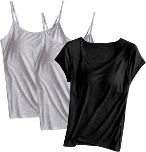 Summer Tank Tops for Women Built in Bra Cotton Shelf Bra Tanks Layering Undershirts 3 Pack