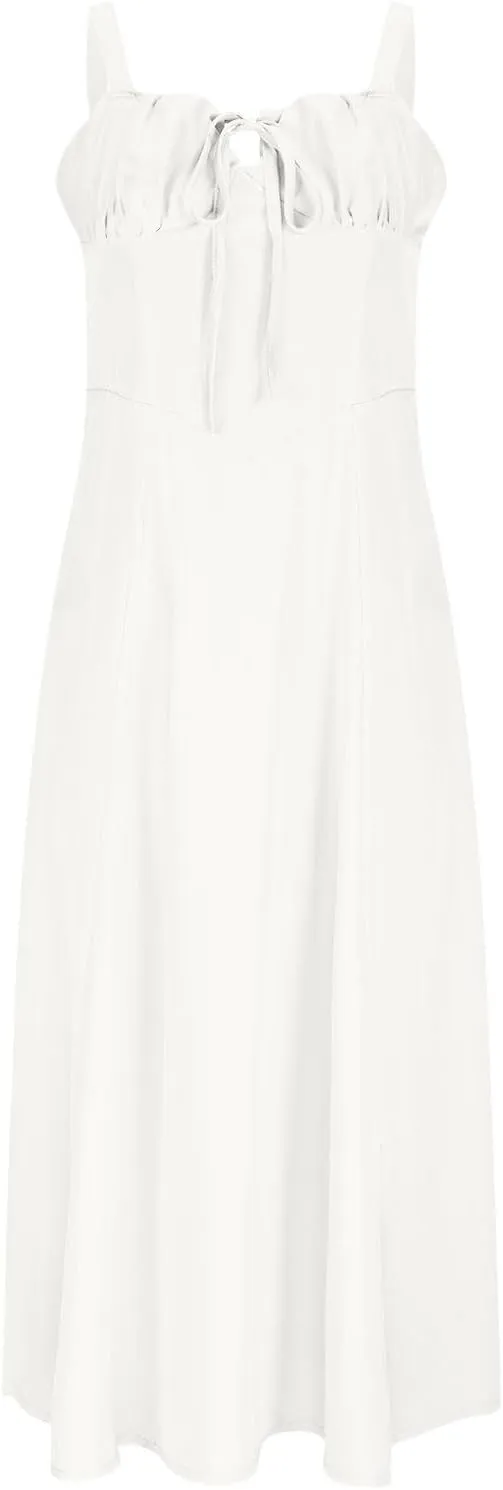 Sundress for Women Hollow Out Tie-Front Spaghetti Straps Swing Midi Dress Summer Beach Boho Wrap Waisted Dresses