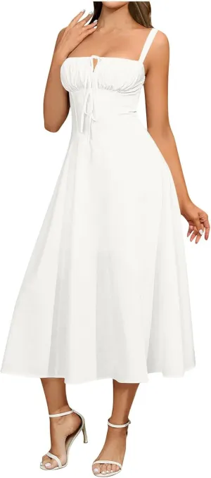 Sundress for Women Hollow Out Tie-Front Spaghetti Straps Swing Midi Dress Summer Beach Boho Wrap Waisted Dresses