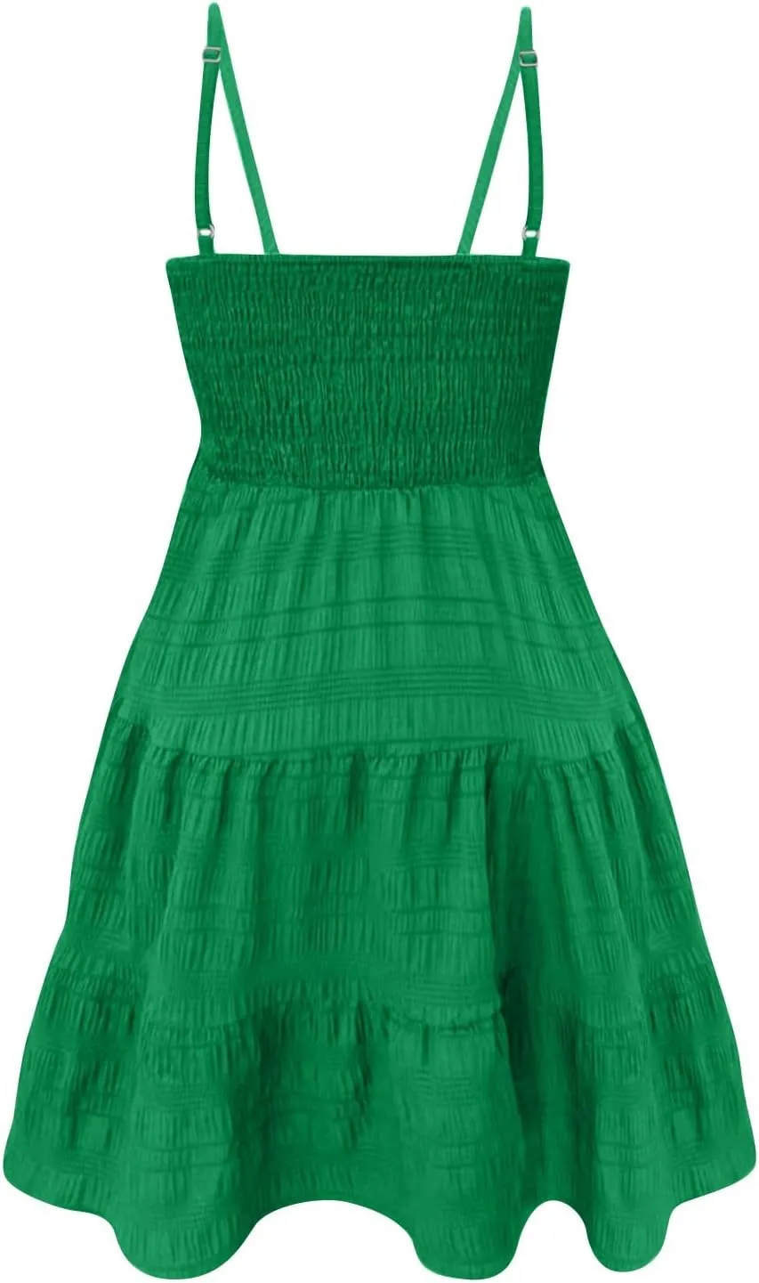 Sundresses for Women 2025 Short Smocked Spaghetti Strap Babydoll Dress Casual Summer Flowy Tiered A Line Skater Dress