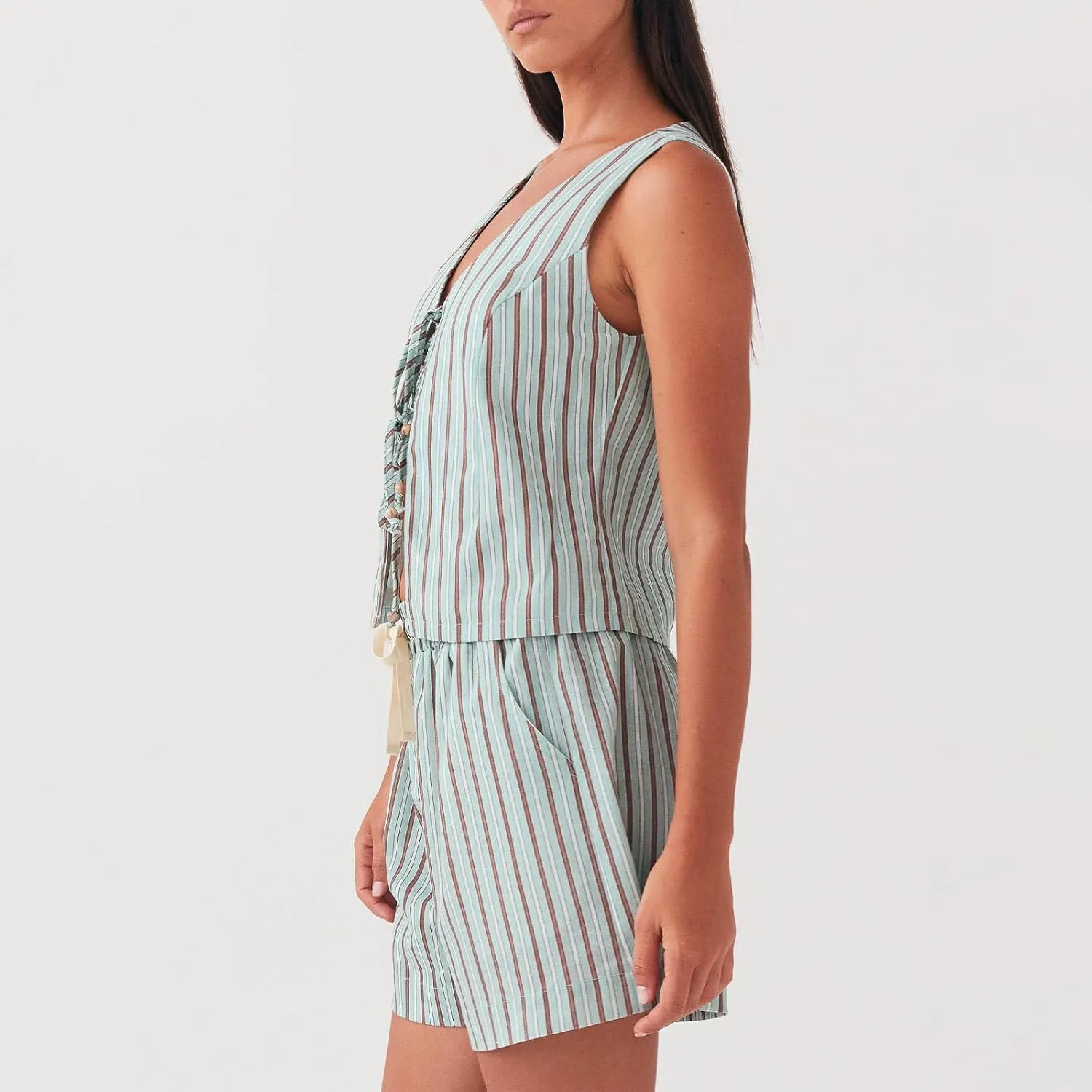 Tie Front Tops for Women Sleeveless Deep V-Neck Plaid Striped Fruit Print Linen Vest Lace Up Party Club Night Tank Top
