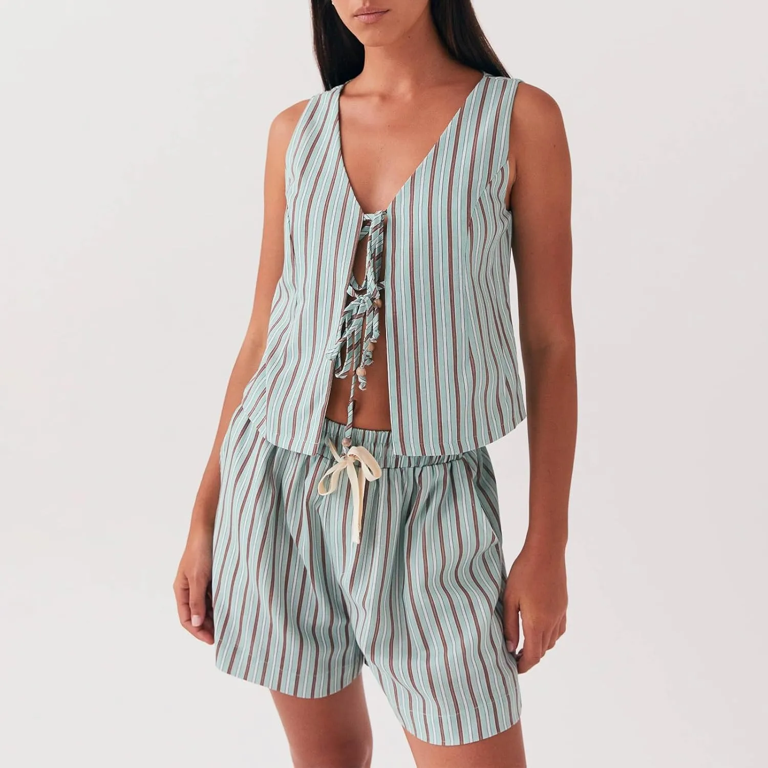 Tie Front Tops for Women Sleeveless Deep V-Neck Plaid Striped Fruit Print Linen Vest Lace Up Party Club Night Tank Top