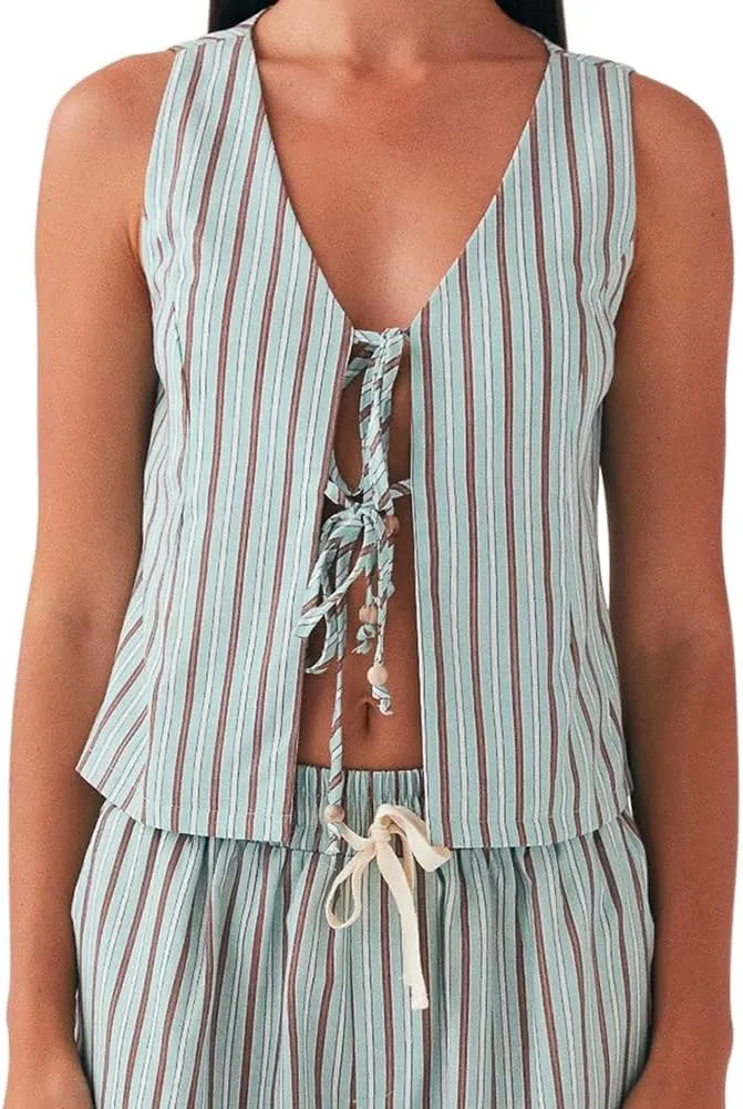 Tie Front Tops for Women Sleeveless Deep V-Neck Plaid Striped Fruit Print Linen Vest Lace Up Party Club Night Tank Top
