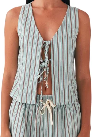 Tie Front Tops for Women Sleeveless Deep V-Neck Plaid Striped Fruit Print Linen Vest Lace Up Party Club Night Tank Top