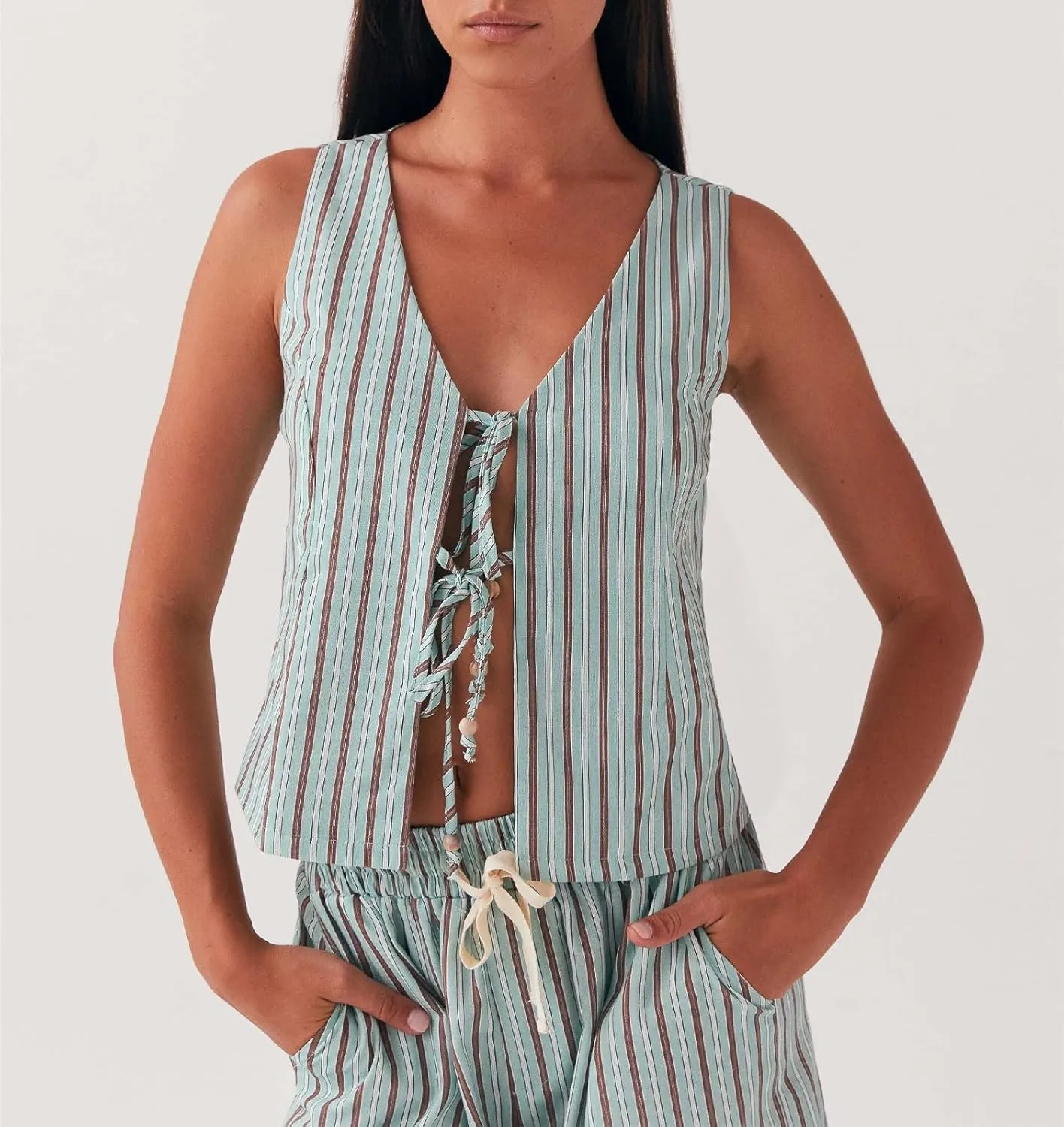Tie Front Tops for Women Sleeveless Deep V-Neck Plaid Striped Fruit Print Linen Vest Lace Up Party Club Night Tank Top