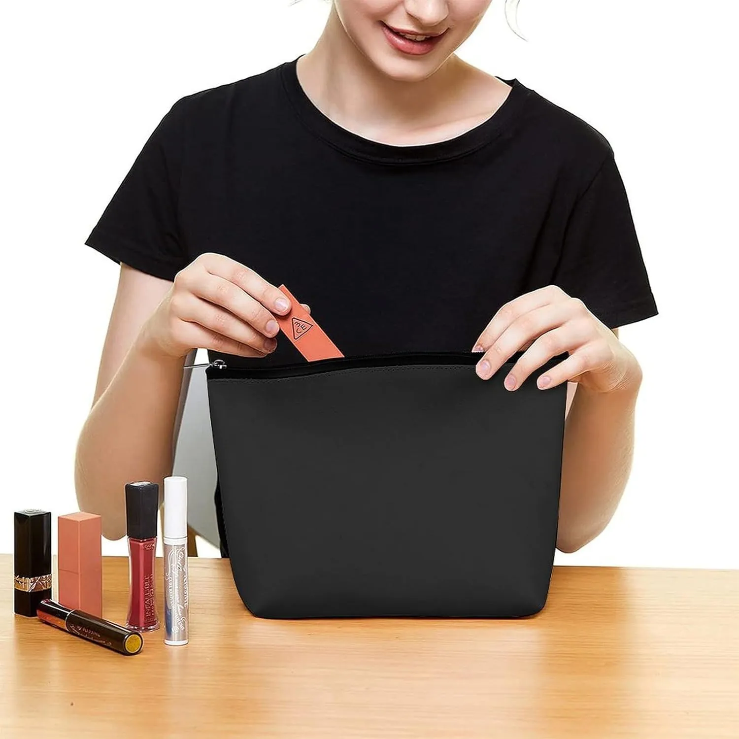 Travel Makeup Bag, Cool Black Solid Color Cosmetic Bags for Women Large Capacity Waterproof Toiletry Pouch Make up Organizer