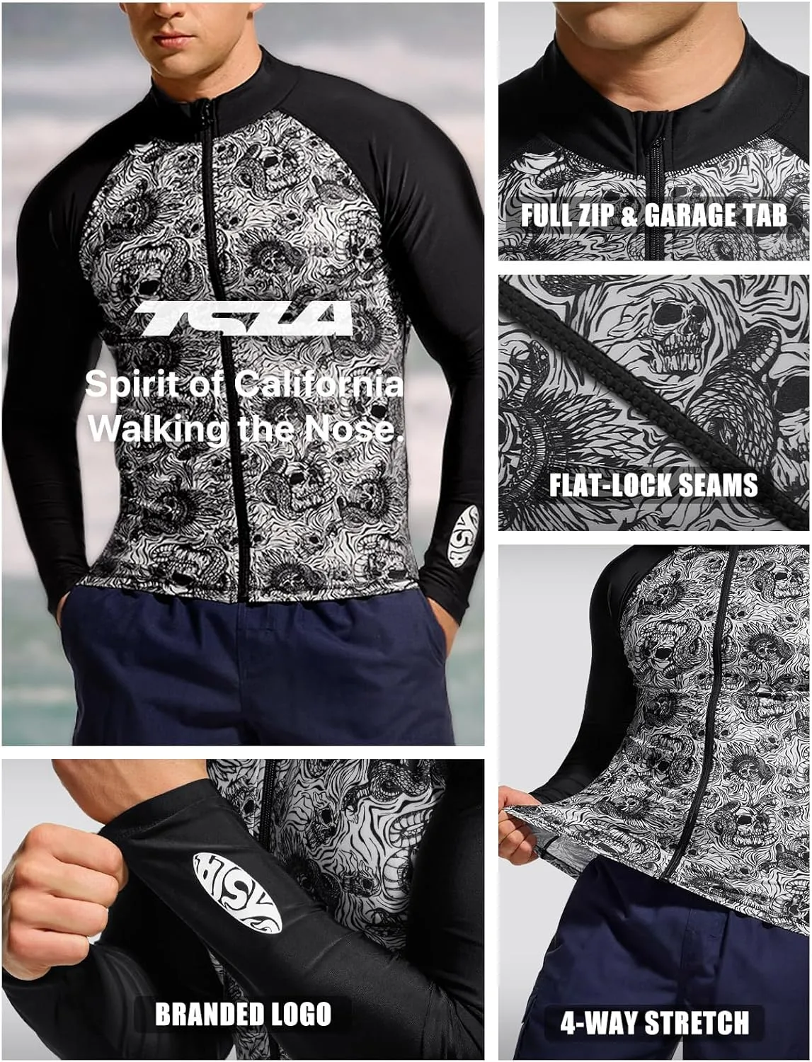 TSLA Men's Long Sleeve Zip Rash Guard, UPF50  UV/Sun Protection Quick Dry Swim Shirts