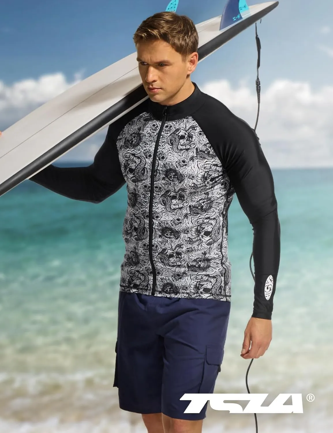 TSLA Men's Long Sleeve Zip Rash Guard, UPF50  UV/Sun Protection Quick Dry Swim Shirts