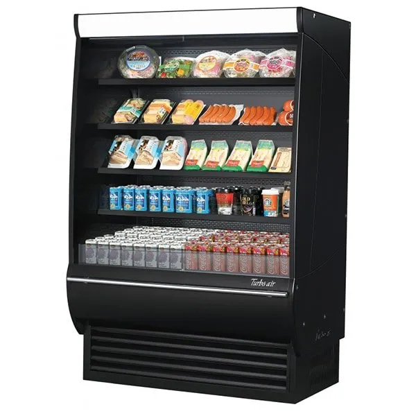 Turbo Air TOM-48DXB-SP-N 14.9 cu.ft. 48" 115V Black Solid Mirrored Sides Stainless Steel Interior Extra Deep Refrigerated Vertical Open Display Case