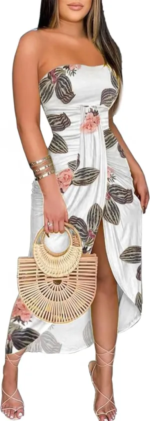 Umenlele Women's Strapless Ruched High Waist Wrap Split Asymmetrical Beach Maxi Long Dress