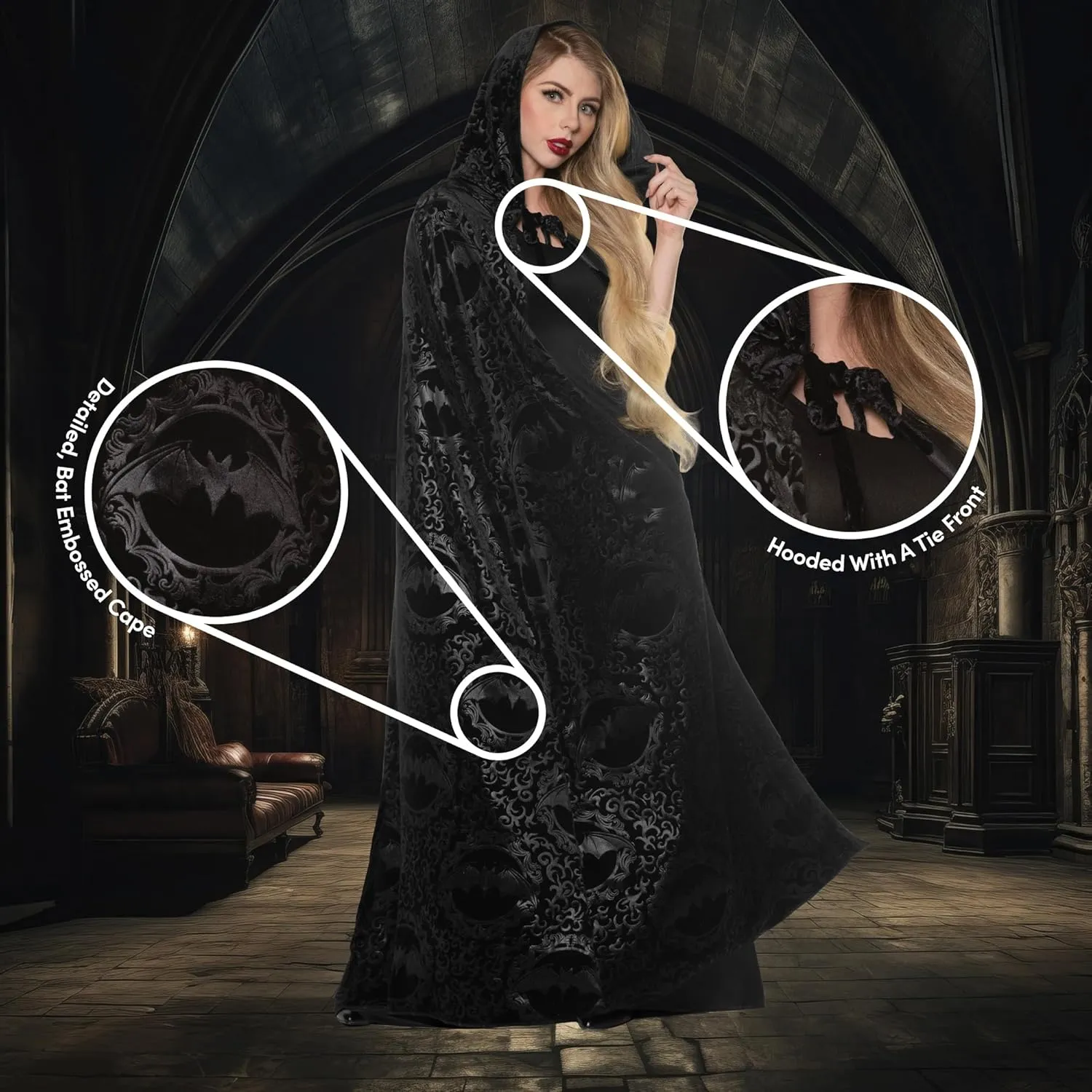 UNDERWRAPS Hooded Vampire Velvet Bat Embossed Cape Black - Halloween Costume Capes for Adults