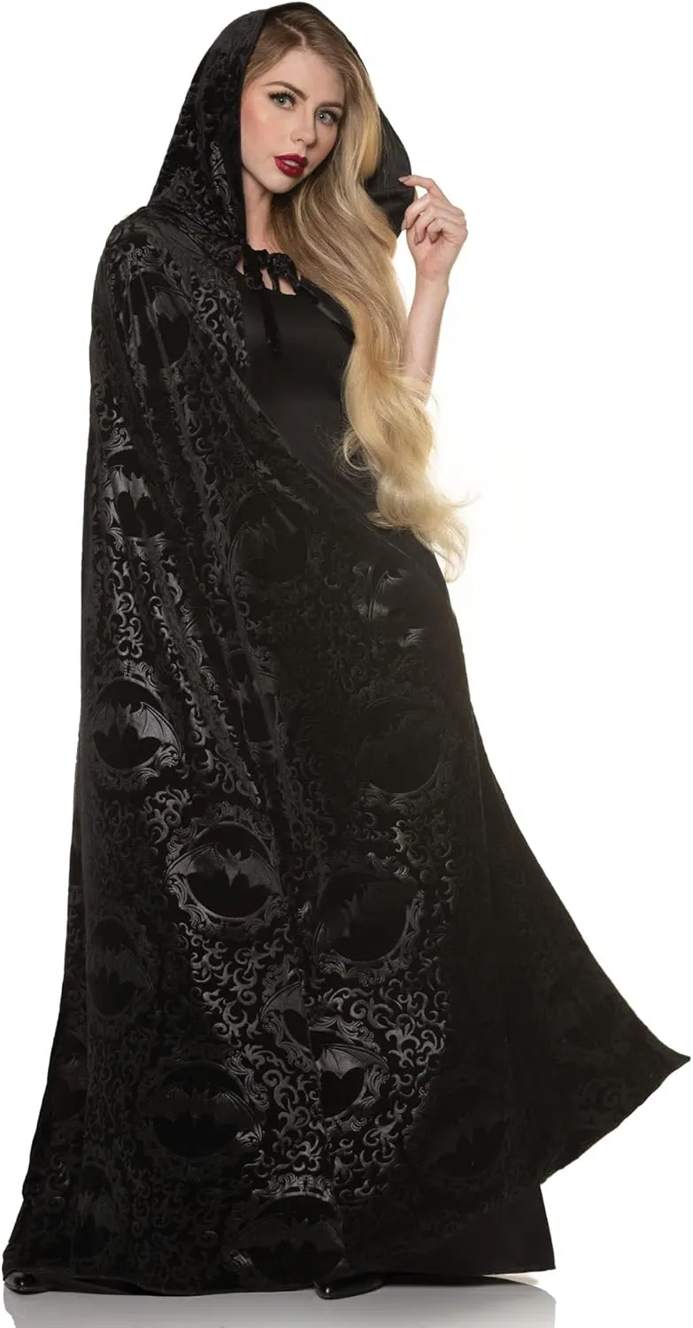 UNDERWRAPS Hooded Vampire Velvet Bat Embossed Cape Black - Halloween Costume Capes for Adults
