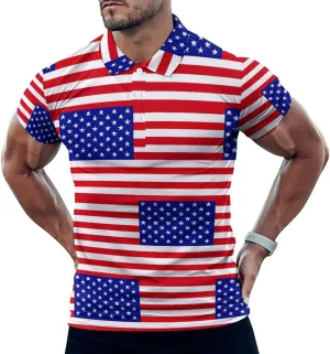 U.S. Flag Mens Short Sleeve Polo Shirts Straight Sports Golf Tennis T-Shirt Quick Dry Long Top