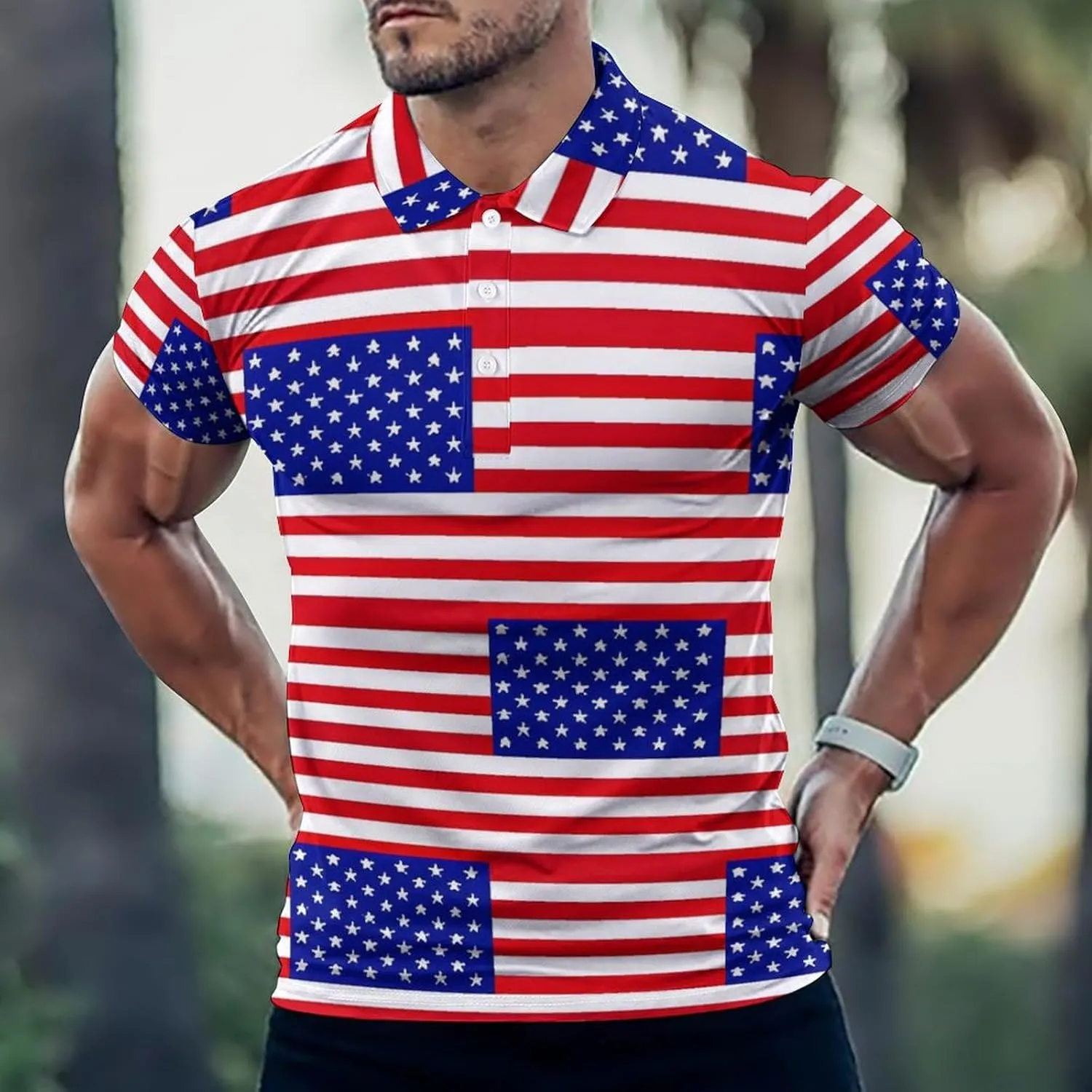 U.S. Flag Mens Short Sleeve Polo Shirts Straight Sports Golf Tennis T-Shirt Quick Dry Long Top