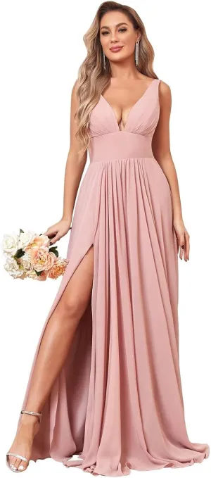 V Neck Long Bridesmaid Dresses for Wedding A Line Pleated Chiffon Formal Evening Dresses with Slit