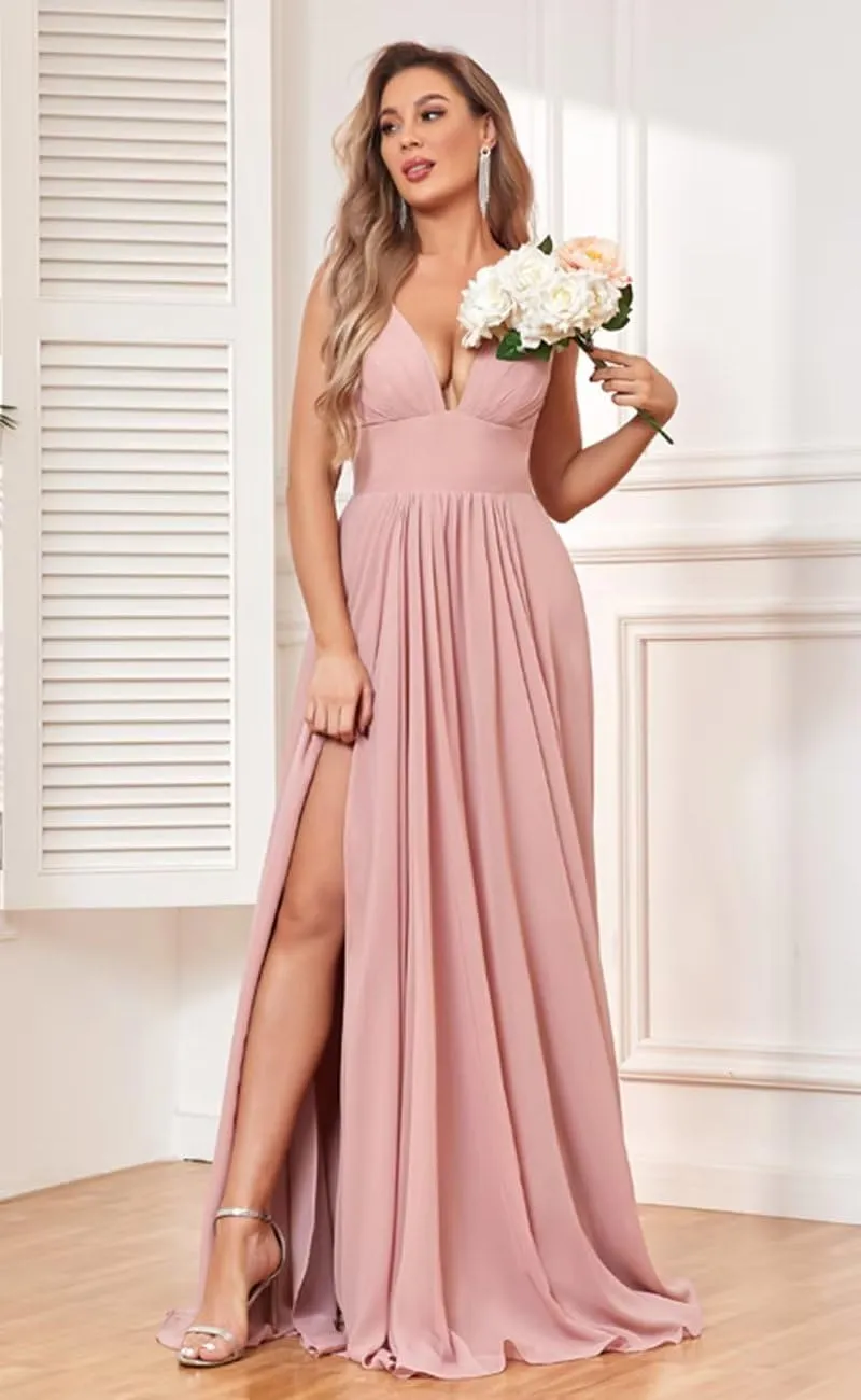 V Neck Long Bridesmaid Dresses for Wedding A Line Pleated Chiffon Formal Evening Dresses with Slit