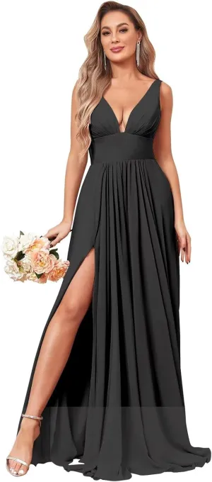V Neck Long Bridesmaid Dresses for Wedding A Line Pleated Chiffon Formal Evening Dresses with Slit