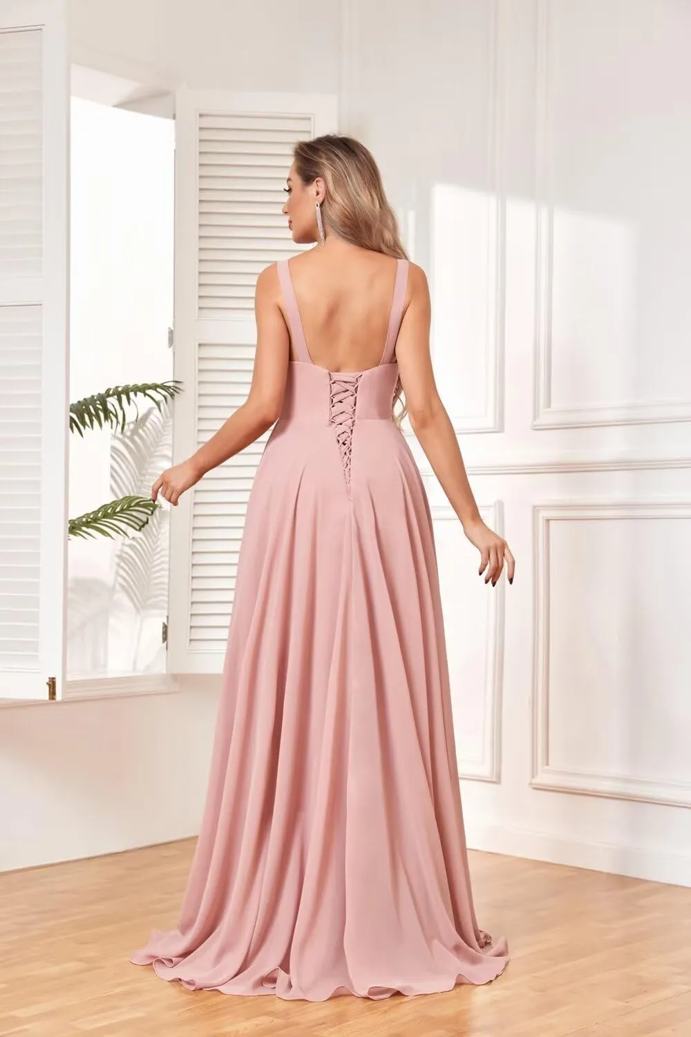 V Neck Long Bridesmaid Dresses for Wedding A Line Pleated Chiffon Formal Evening Dresses with Slit