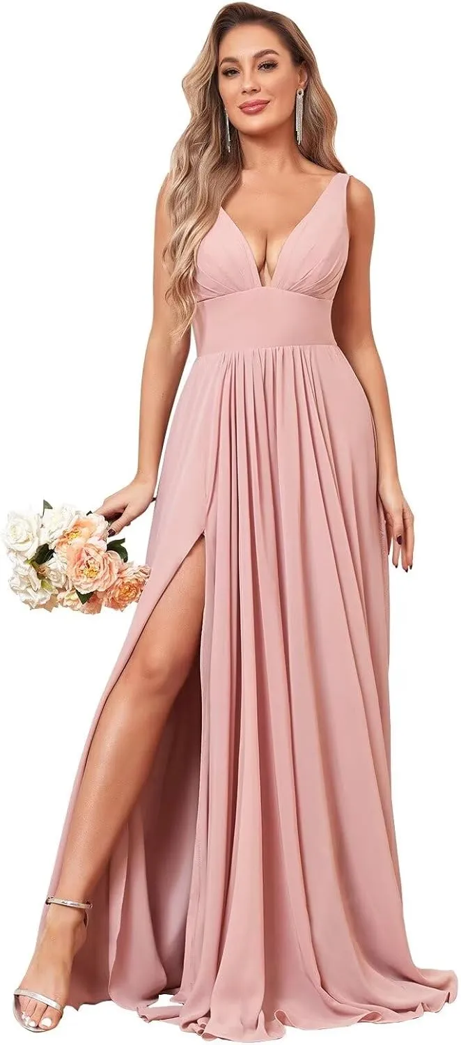 V Neck Long Bridesmaid Dresses for Wedding A Line Pleated Chiffon Formal Evening Dresses with Slit