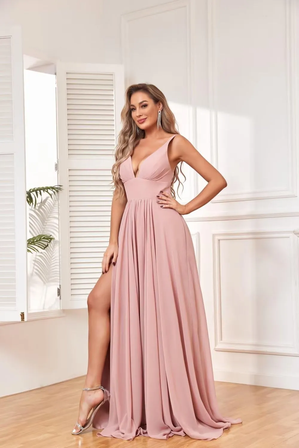 V Neck Long Bridesmaid Dresses for Wedding A Line Pleated Chiffon Formal Evening Dresses with Slit