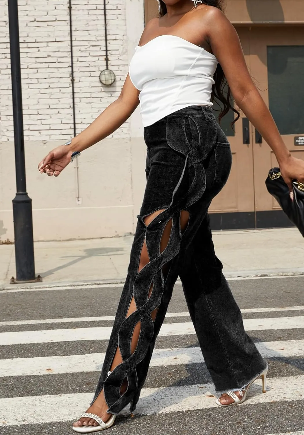Vaceky Trendy Baggy Jeans Women Side Hollow Out Wide Leg Cargo Pants