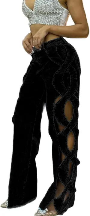 Vaceky Trendy Baggy Jeans Women Side Hollow Out Wide Leg Cargo Pants