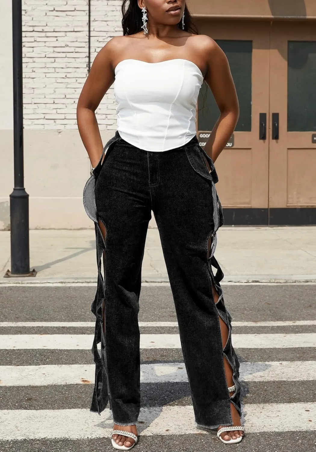 Vaceky Trendy Baggy Jeans Women Side Hollow Out Wide Leg Cargo Pants