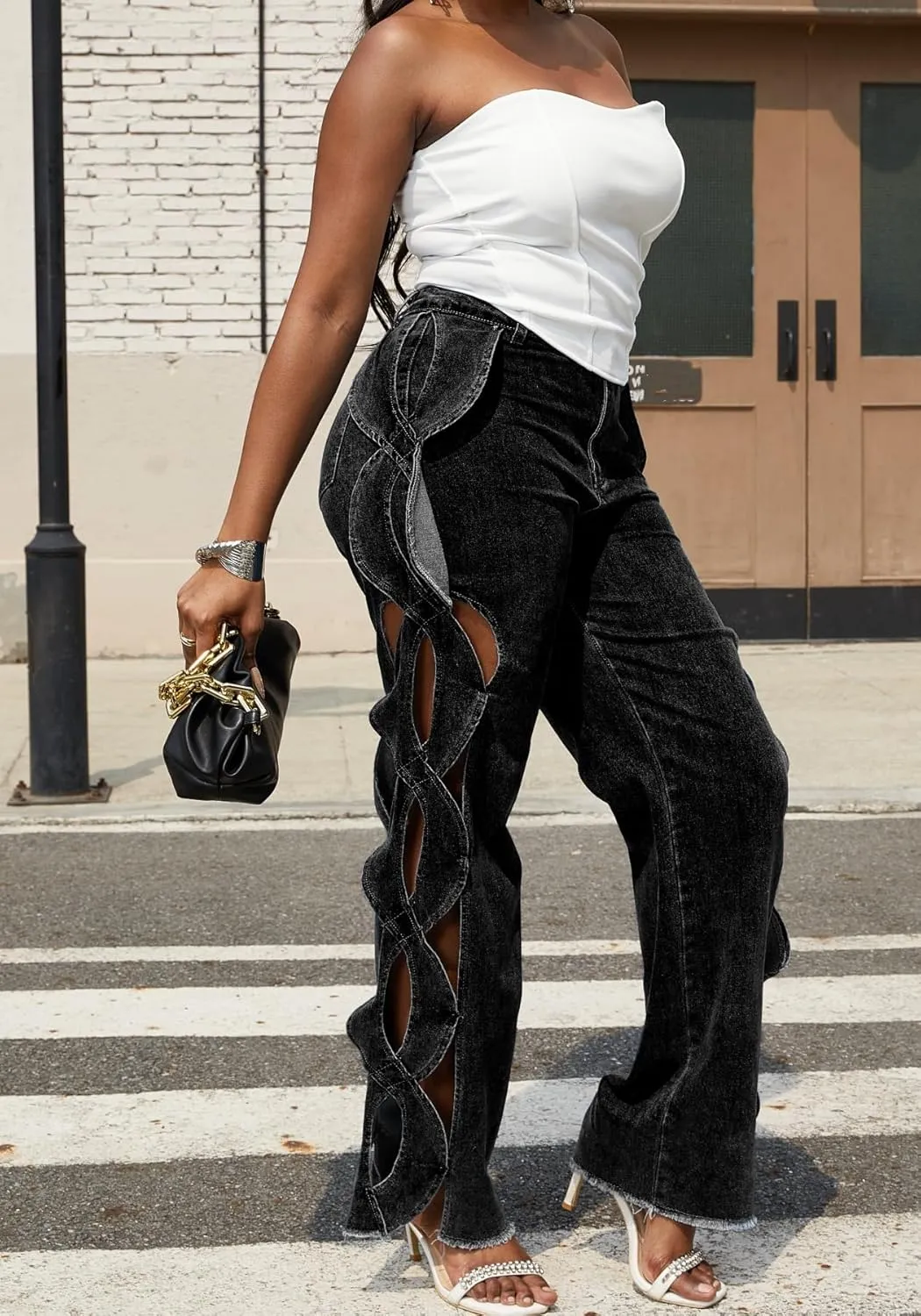 Vaceky Trendy Baggy Jeans Women Side Hollow Out Wide Leg Cargo Pants
