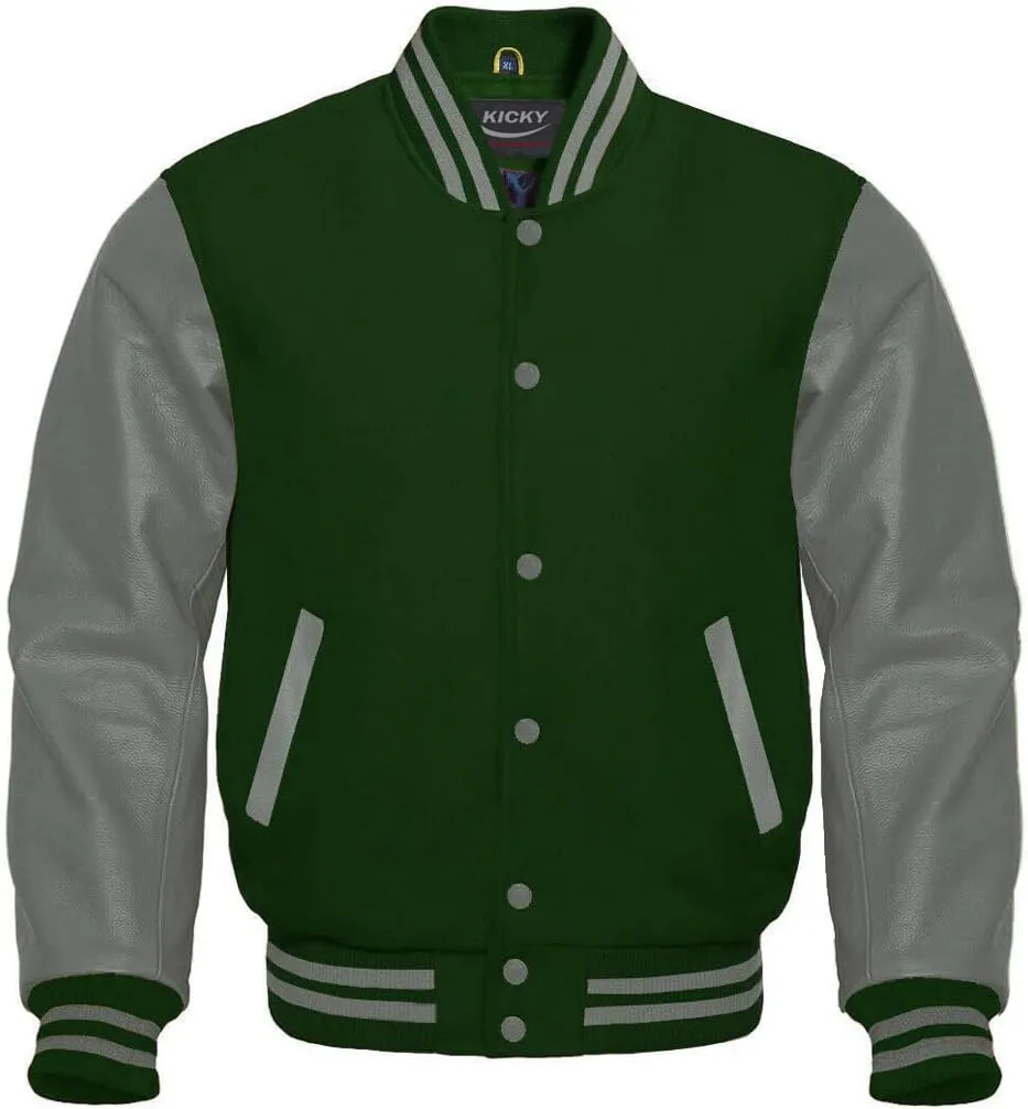 Varsity Jacket Letterman Baseball Jacket Wool body and Cowhide Leather Sleeves 22 Color Options