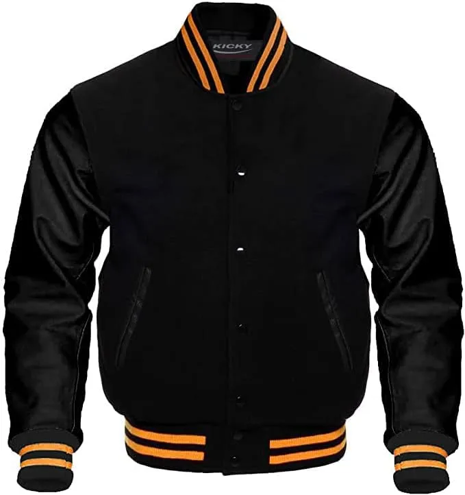 Varsity Jacket Letterman Baseball Jacket Wool body and Cowhide Leather Sleeves 40 Color Options