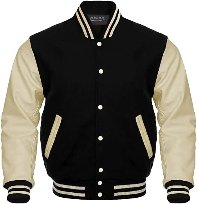 Varsity Jacket Letterman Baseball Jacket Wool body and Cowhide Leather Sleeves 40 Color Options