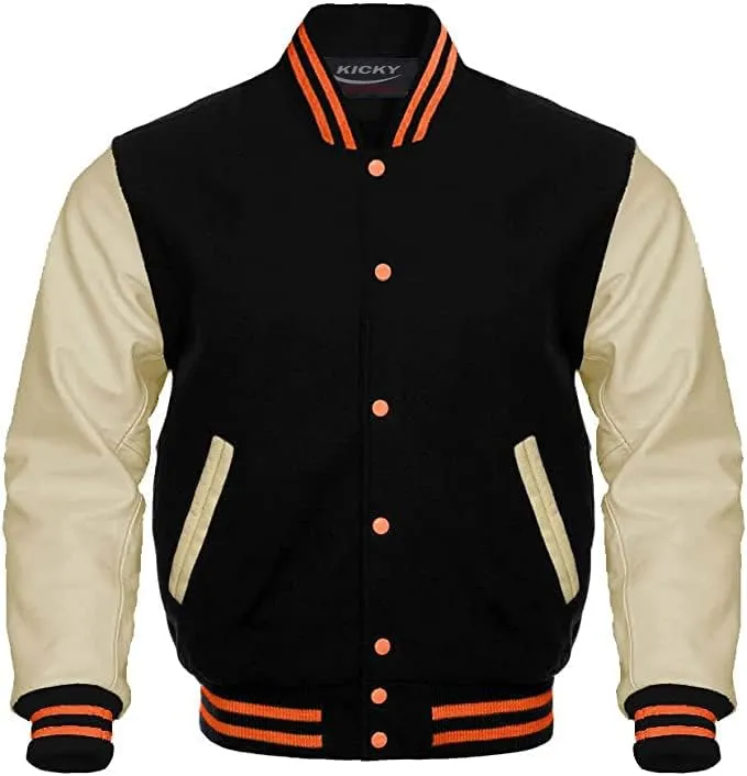 Varsity Jacket Letterman Baseball Jacket Wool body and Cowhide Leather Sleeves 40 Color Options