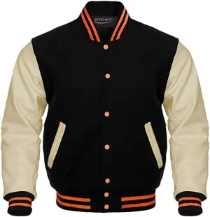 Varsity Jacket Letterman Baseball Jacket Wool body and Cowhide Leather Sleeves 40 Color Options