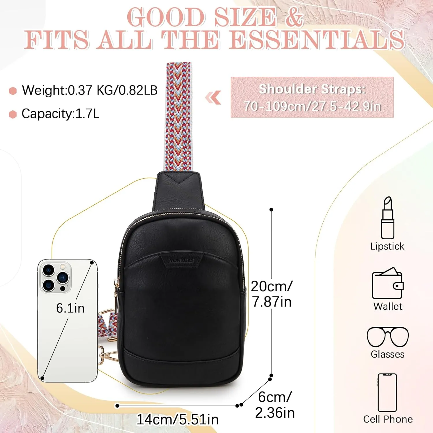 VX VONXURY Sling Bag for Women Fashion Crossbody Purse Fanny Pack Vegan LeatherChest Bag with Adjustable Strap Travel Hiking Cycling Black