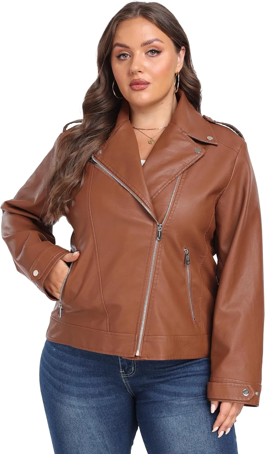 wantdo Women's Plus Size Faux Leather Jacket Lapel Collar Moto Biker Short Coat Jacket