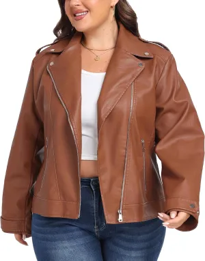 wantdo Women's Plus Size Faux Leather Jacket Lapel Collar Moto Biker Short Coat Jacket